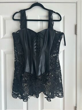 Dreamgirl Black Lace-Trim Faux Leather Corset Bodysuit